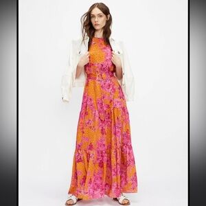 Ted Baker Floral Tiered Orange and Pink Sleeveless Maxi Dress Size 3